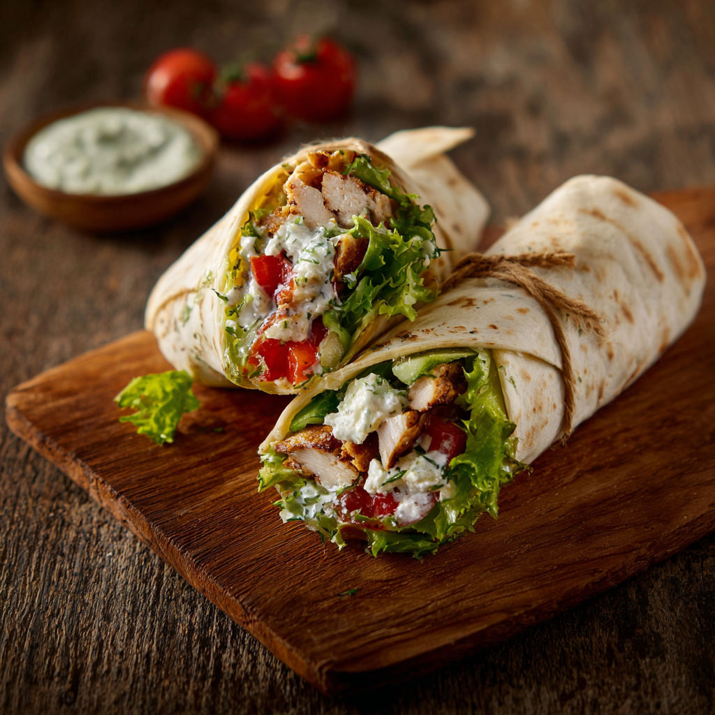 A chicken wrap with lettuce and tomatoes.