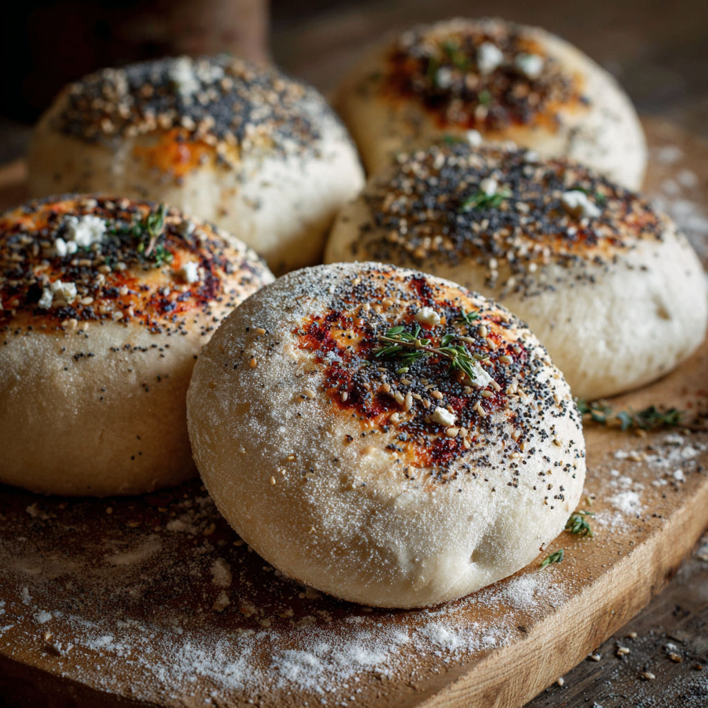 Four bialys with sesame seeds on a wooden board.