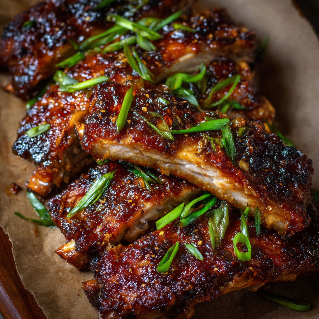 A close up of BBQ ribs with green onions.