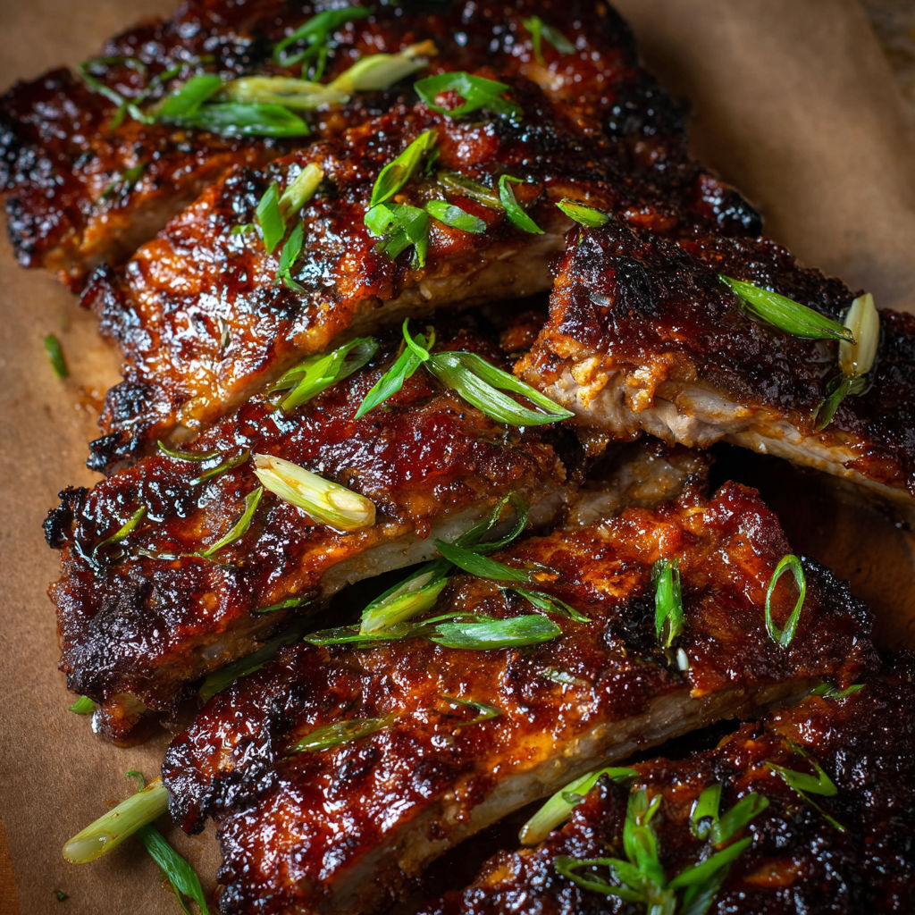 A close up of BBQ ribs with green onions.