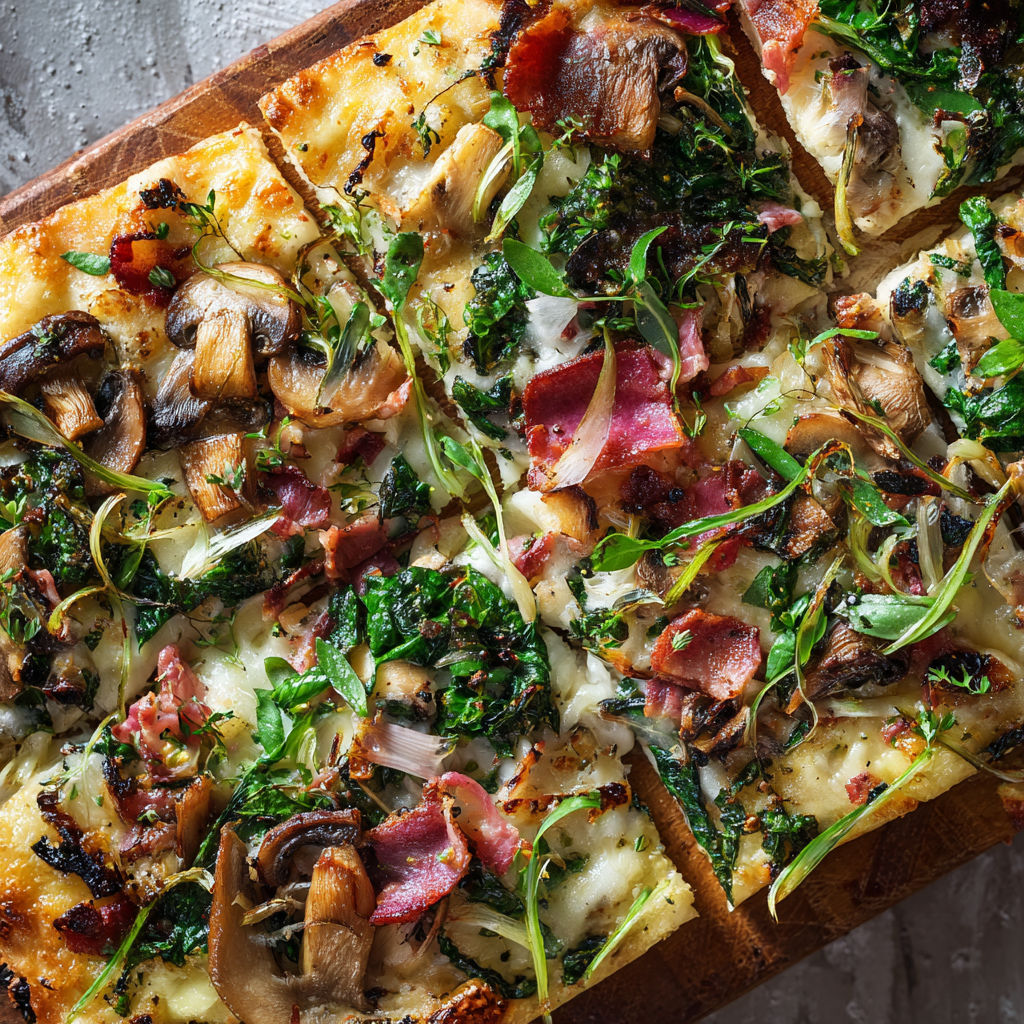 A pizza with mushrooms, spinach, and bacon.