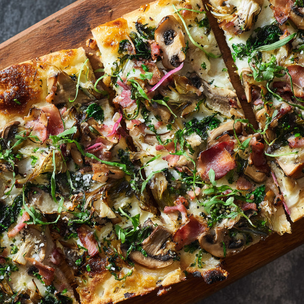 A pizza with mushrooms and bacon on a wooden board.