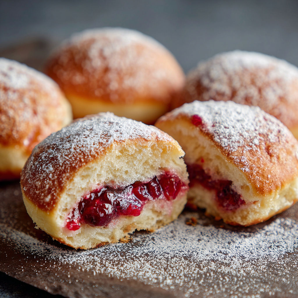 A plate of cranberry filled doughnuts.