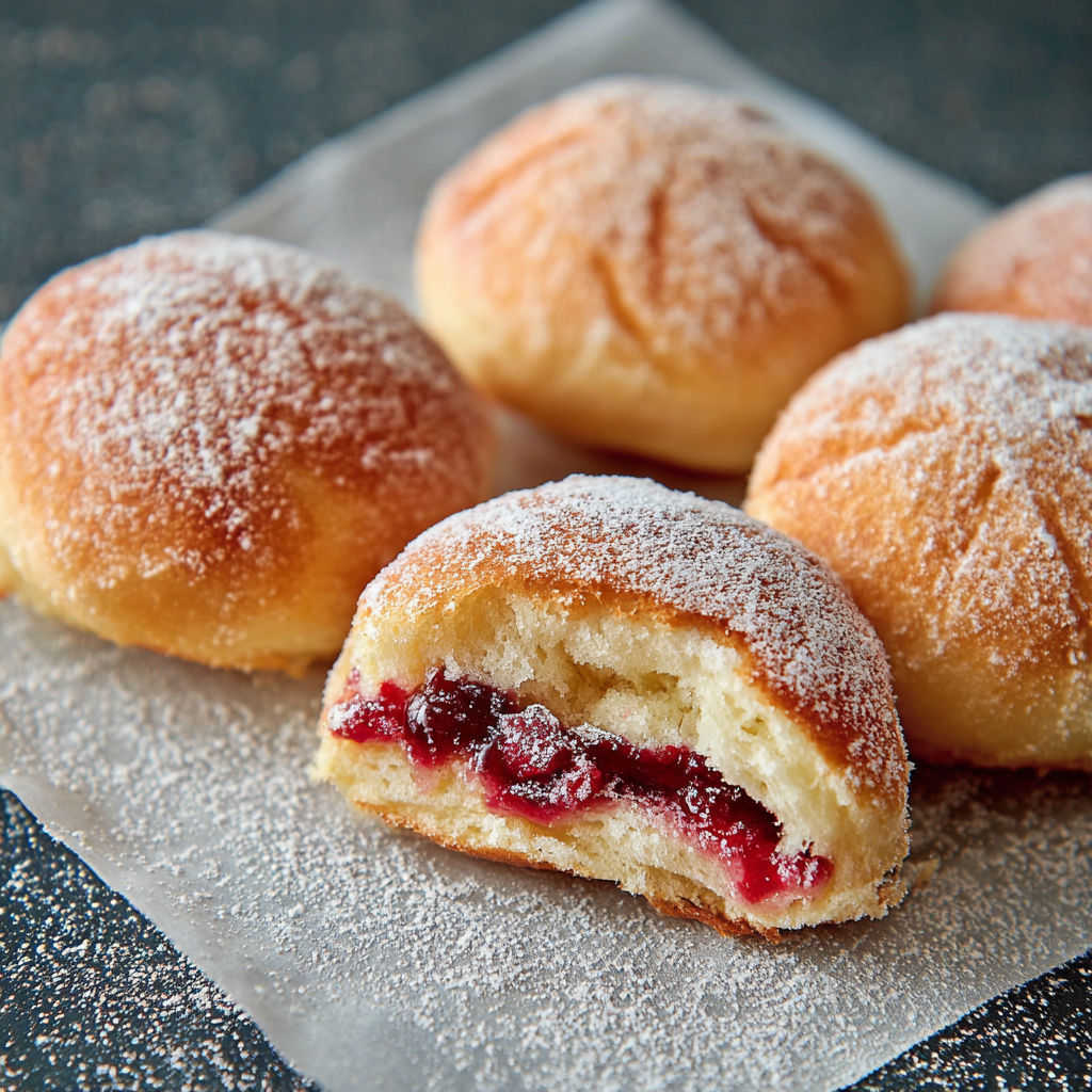 A plate of powdered sugar doughnuts with jelly in the middle.