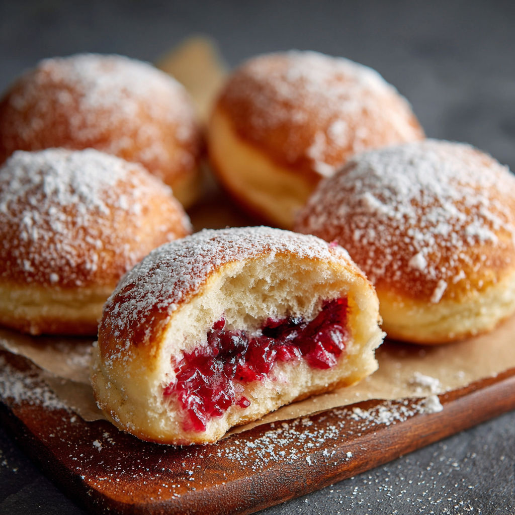 A plate of powdered sugar covered doughnuts.