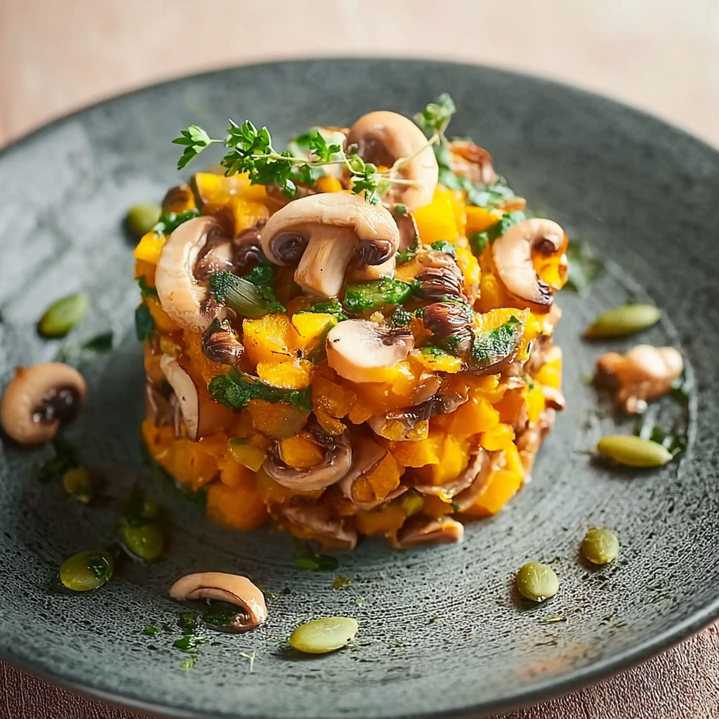 A plate of food with mushrooms and squash.