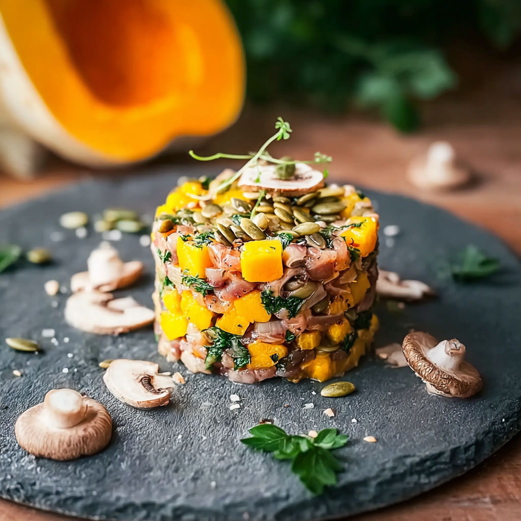 A plate of food with a mushroom on top.