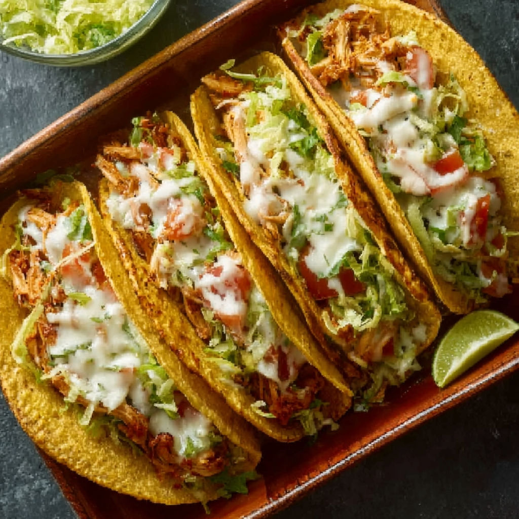 A tray of chicken tacos with lettuce and cheese.