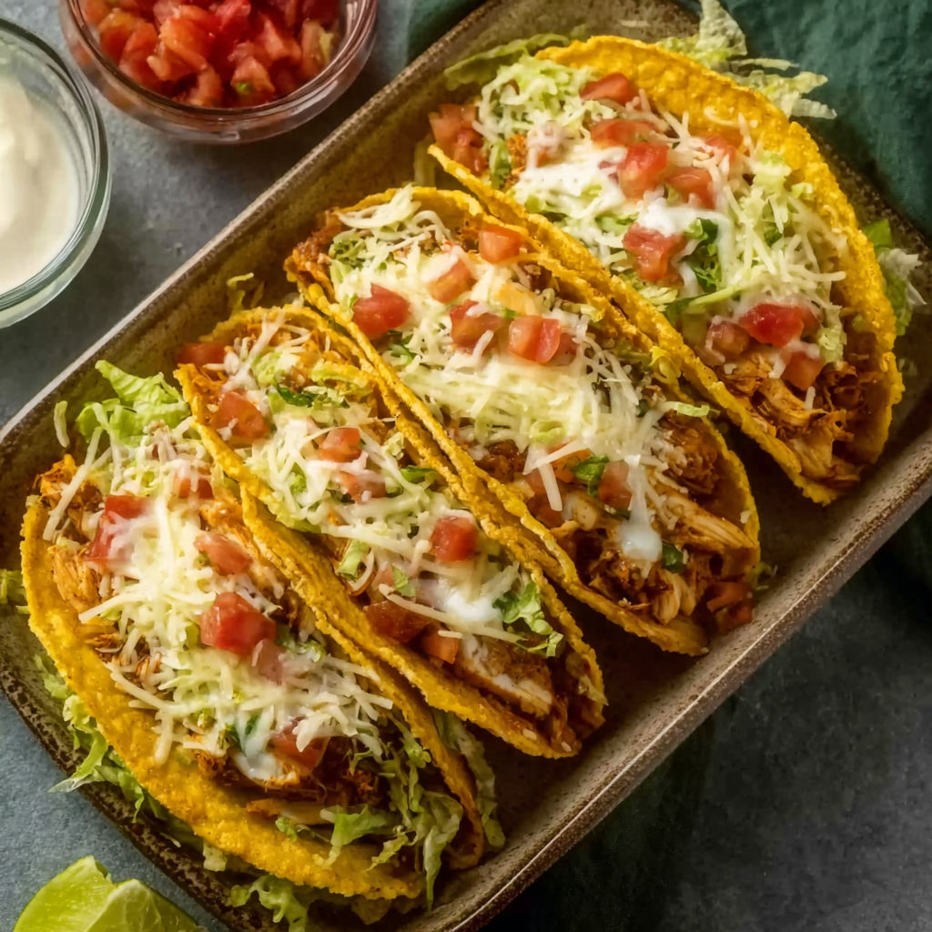 Two tacos with lettuce and tomatoes.