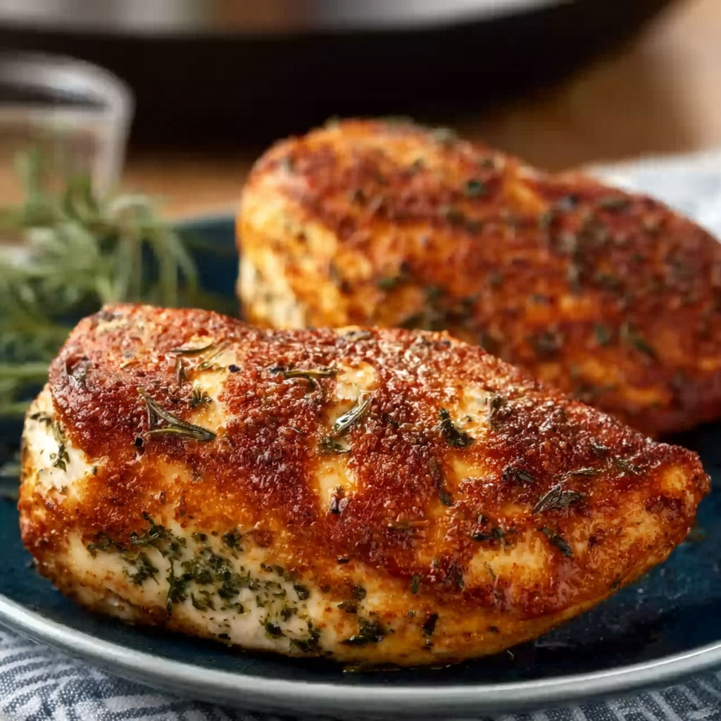 Two pieces of chicken with herbs on a plate.
