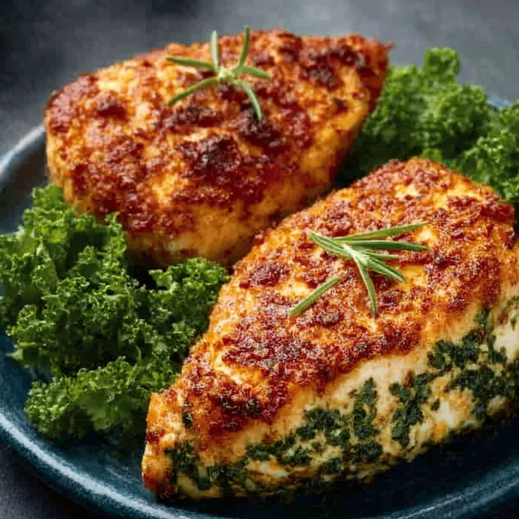 A piece of chicken with herbs on it.