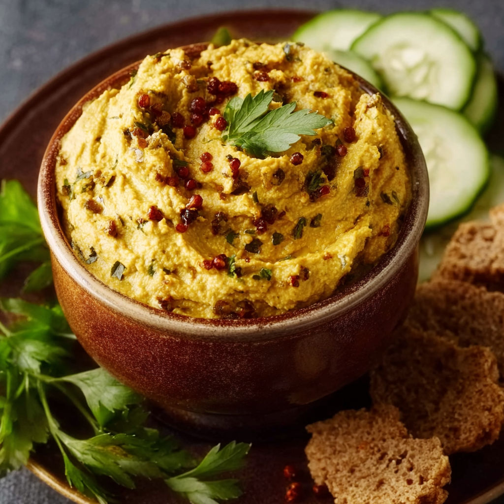 A bowl of curry dip with a spoon and a plate of crackers.