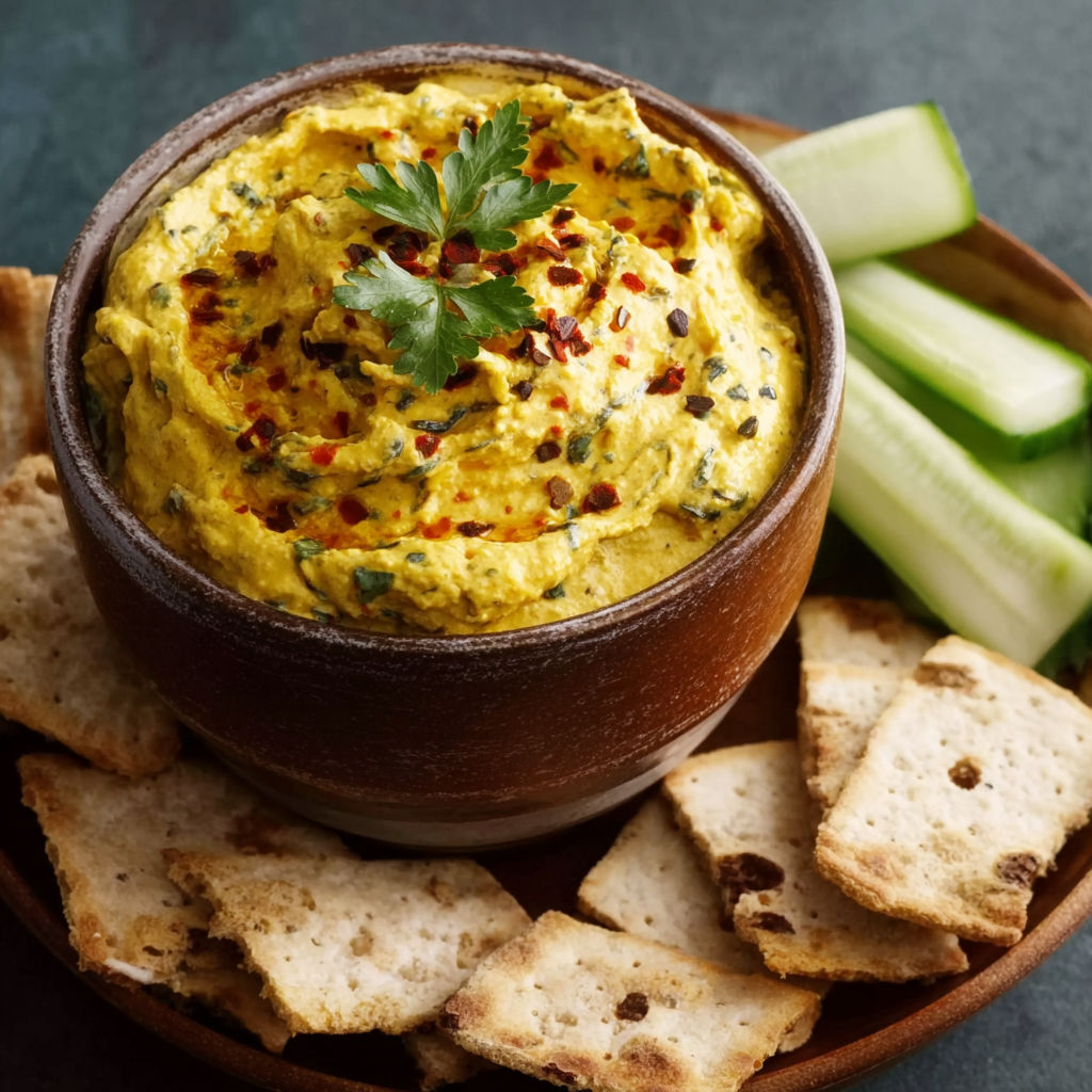 A bowl of curry dip with crackers.