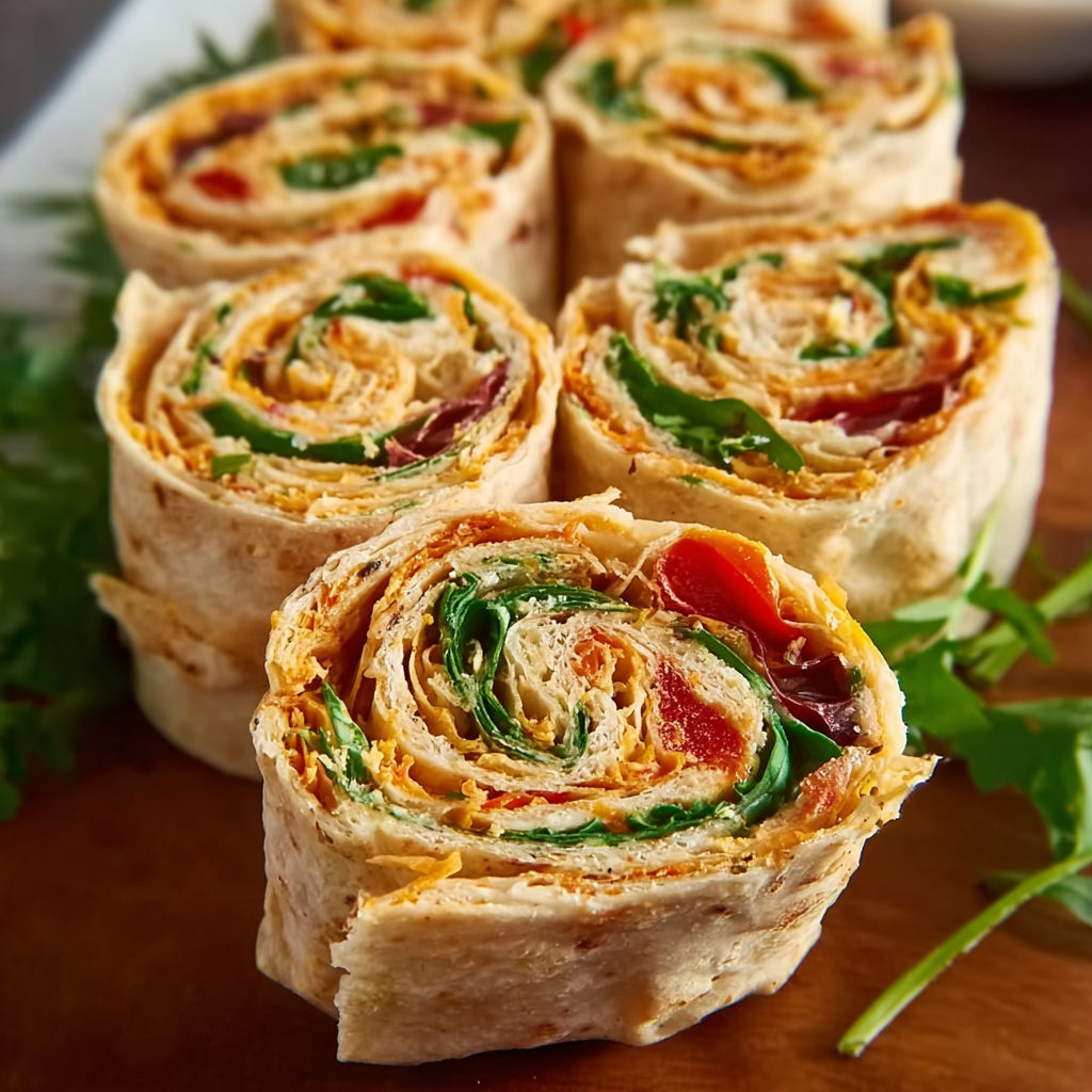 A stack of wraps with a variety of fillings.