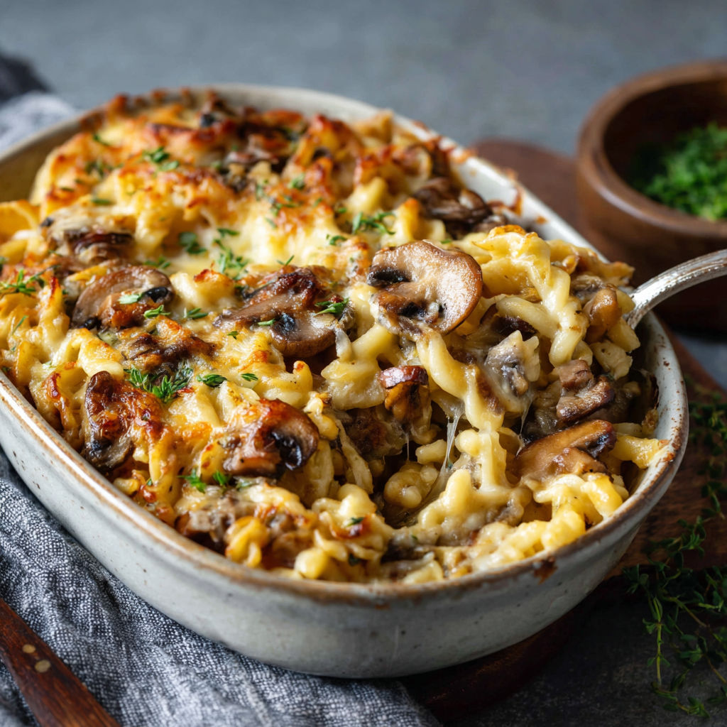 A bowl of food with mushrooms and cheese.