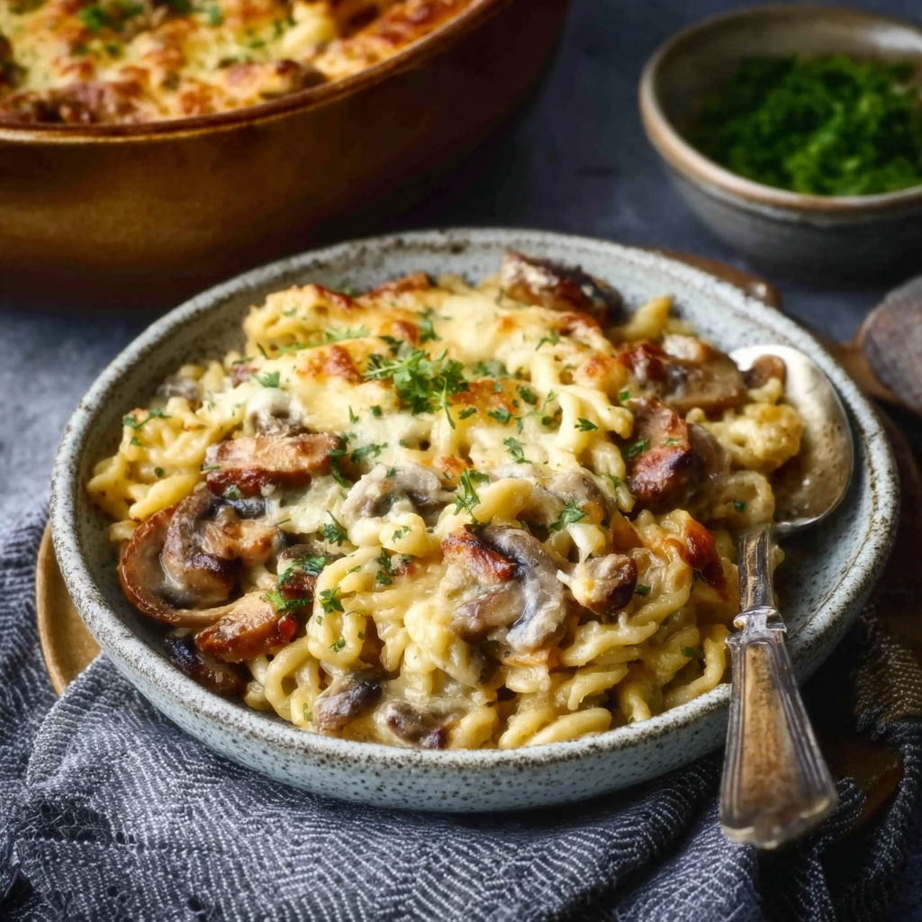 A bowl of pasta with mushrooms and cheese.