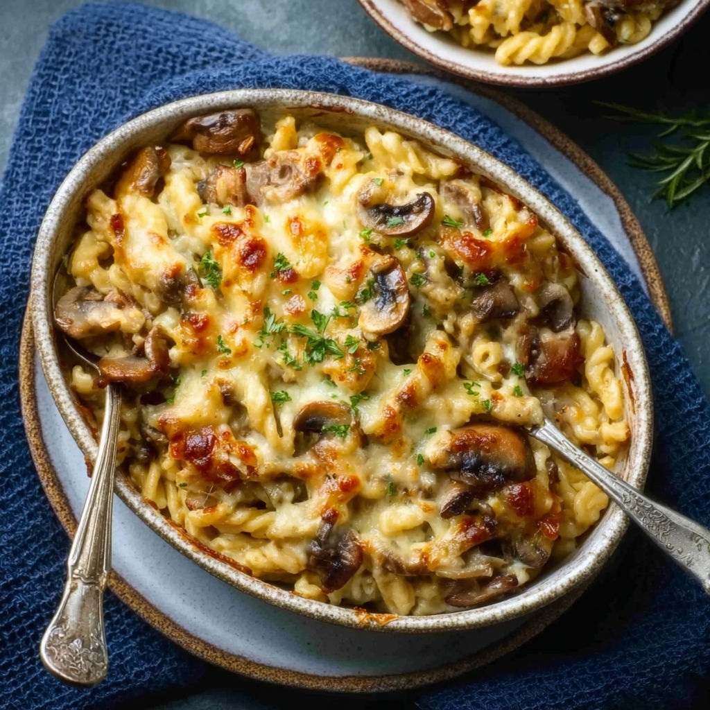 A bowl of pasta with mushrooms and cheese.