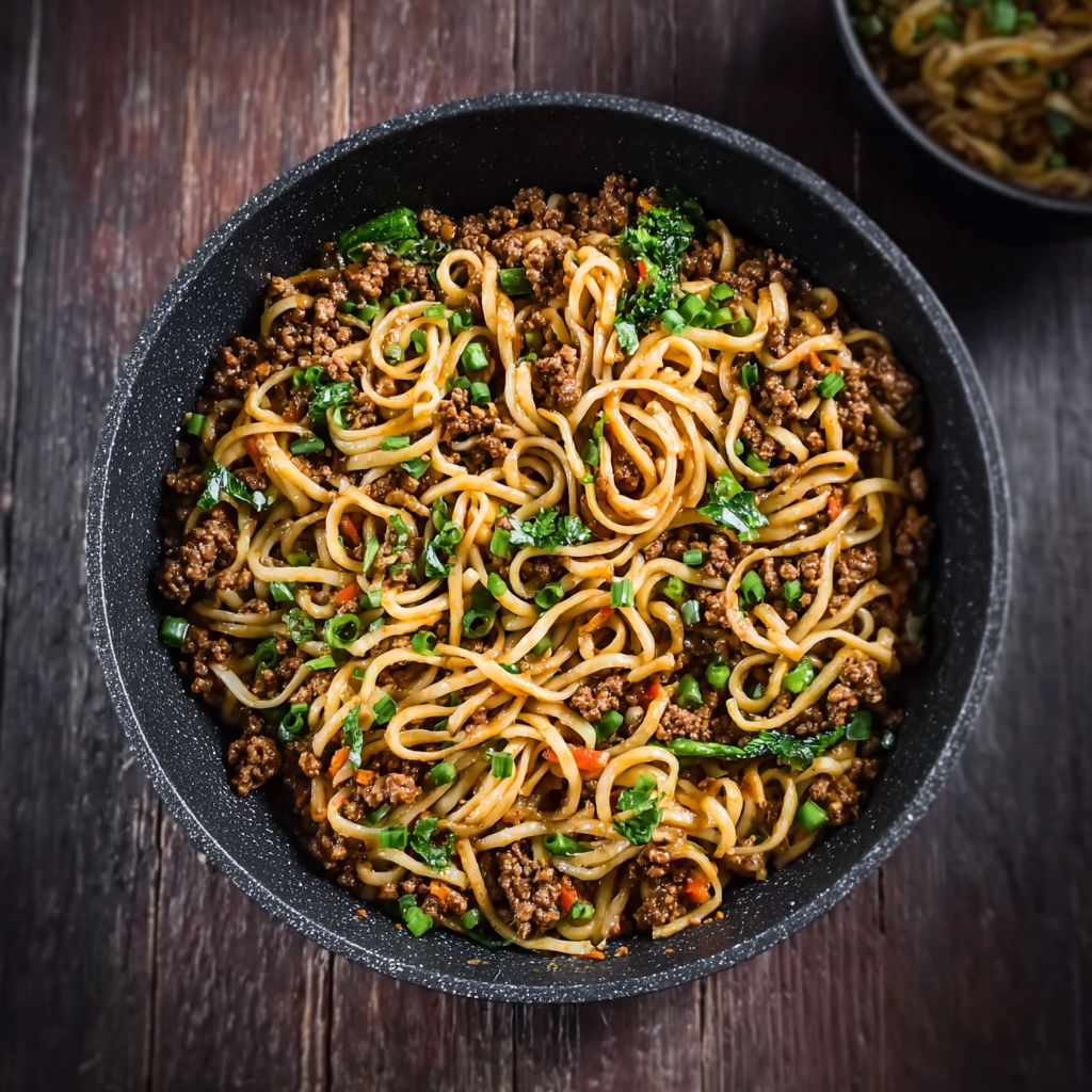 A bowl of noodles with meat and vegetables.