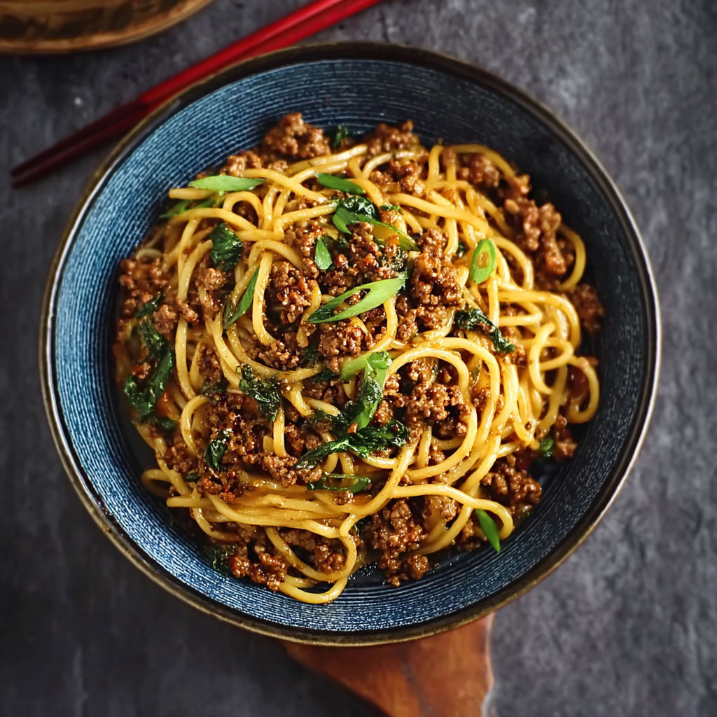 A bowl of noodles with meat and vegetables.