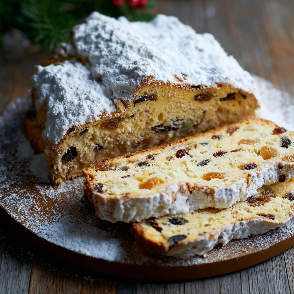 A slice of cake with powdered sugar on top.