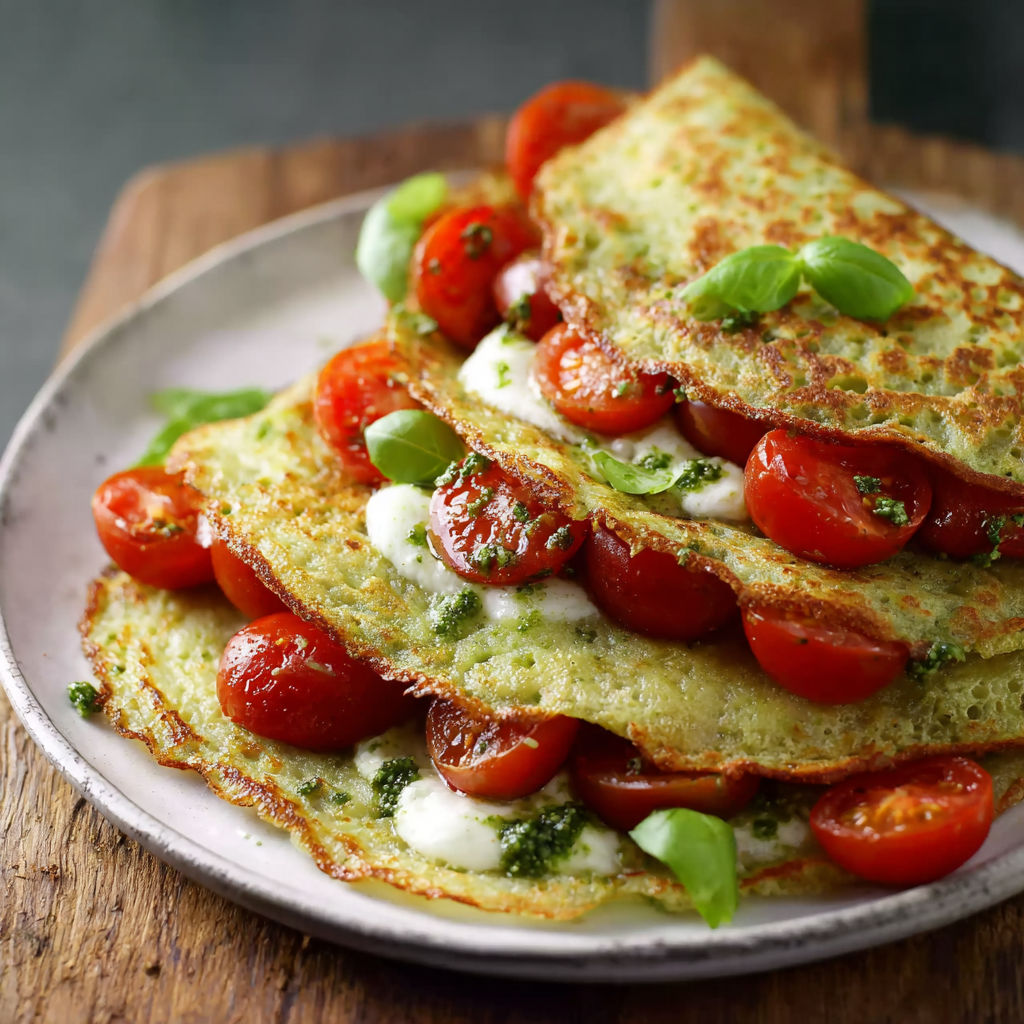 A stack of pancakes with tomatoes and pesto.