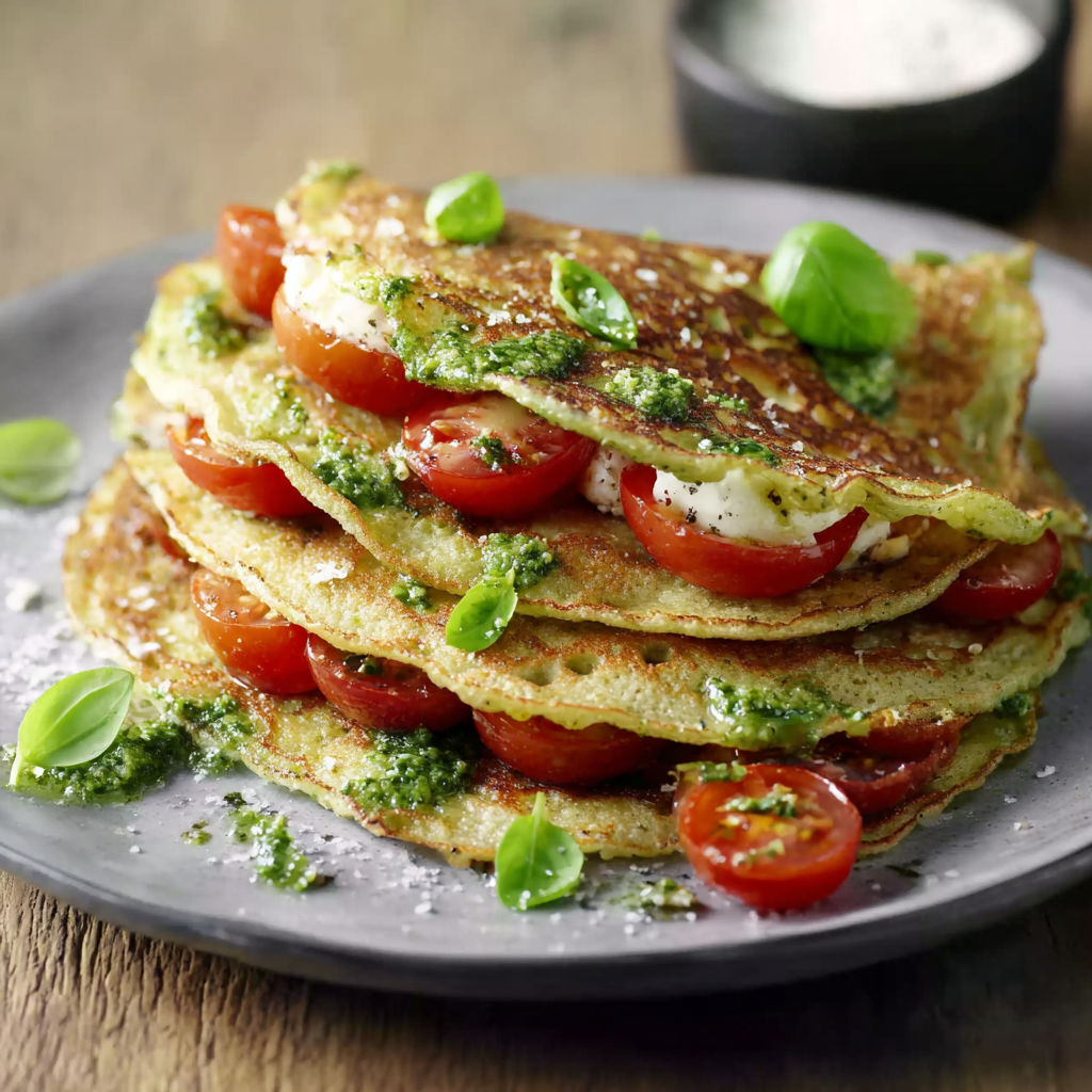 A stack of pancakes with tomatoes on top.