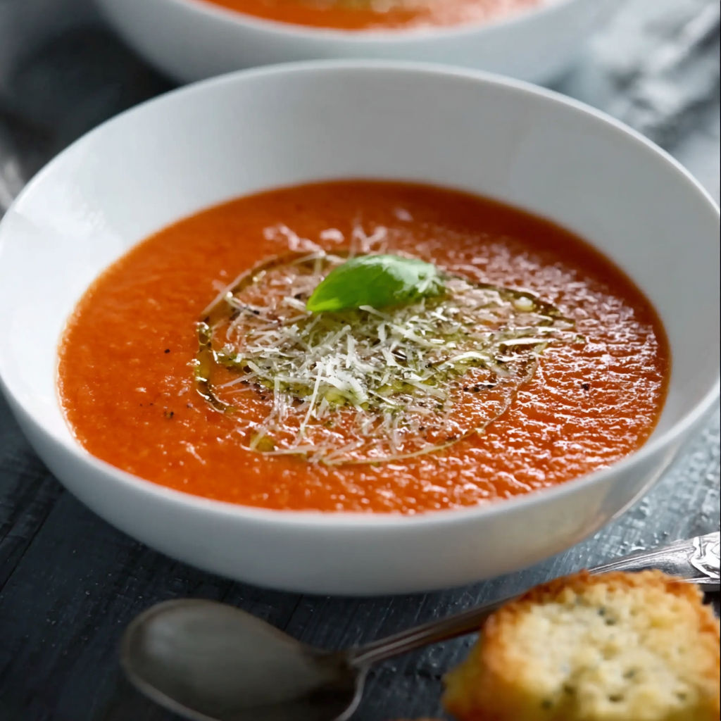 A bowl of Italian tomato soup with Parmesan cheese on top.