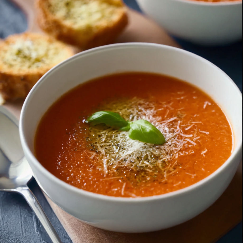 A bowl of Italian tomato soup with Parmesan cheese on top.
