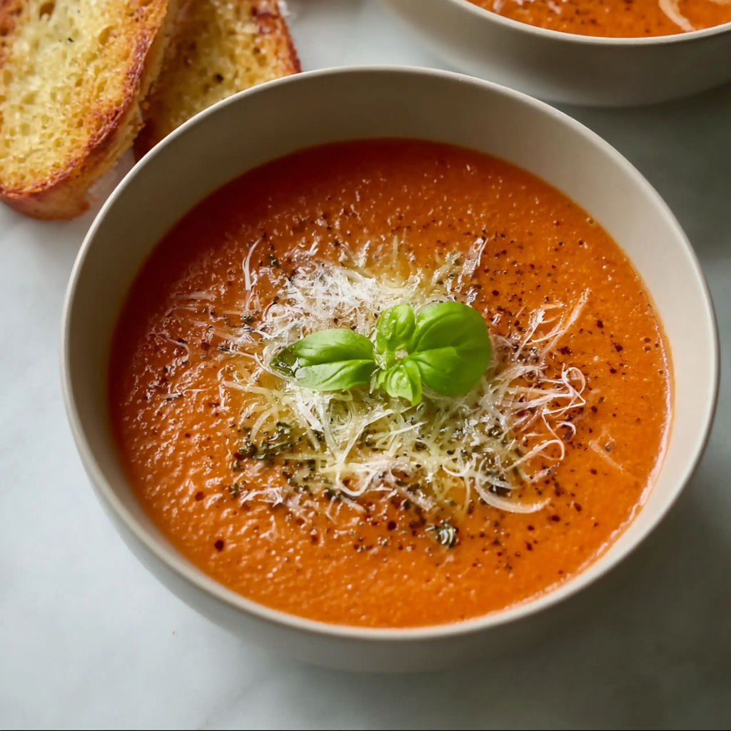 A bowl of Italian tomato soup with Parmesan cheese on top.