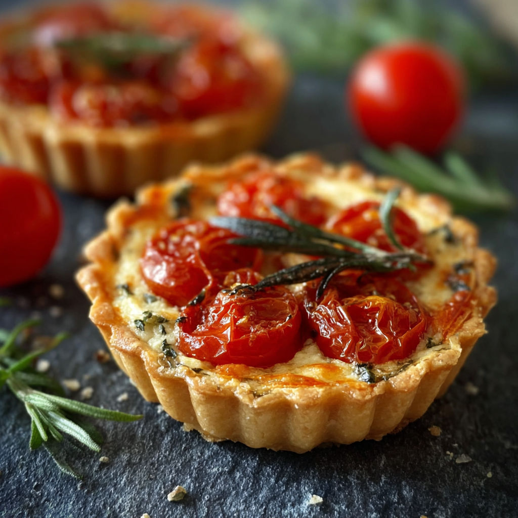 Two small tarts with tomatoes on a table.