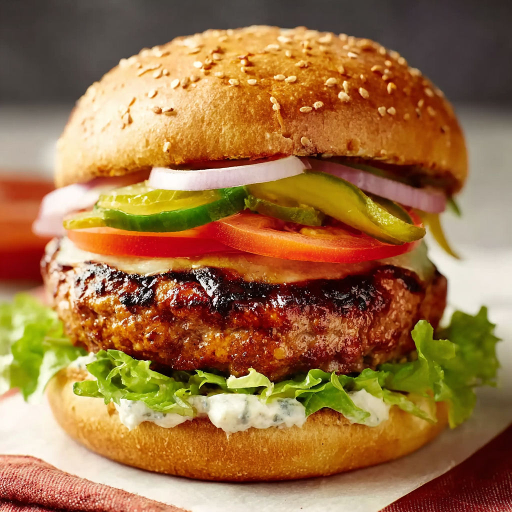 A hamburger with lettuce, tomato, pickles, and onions.