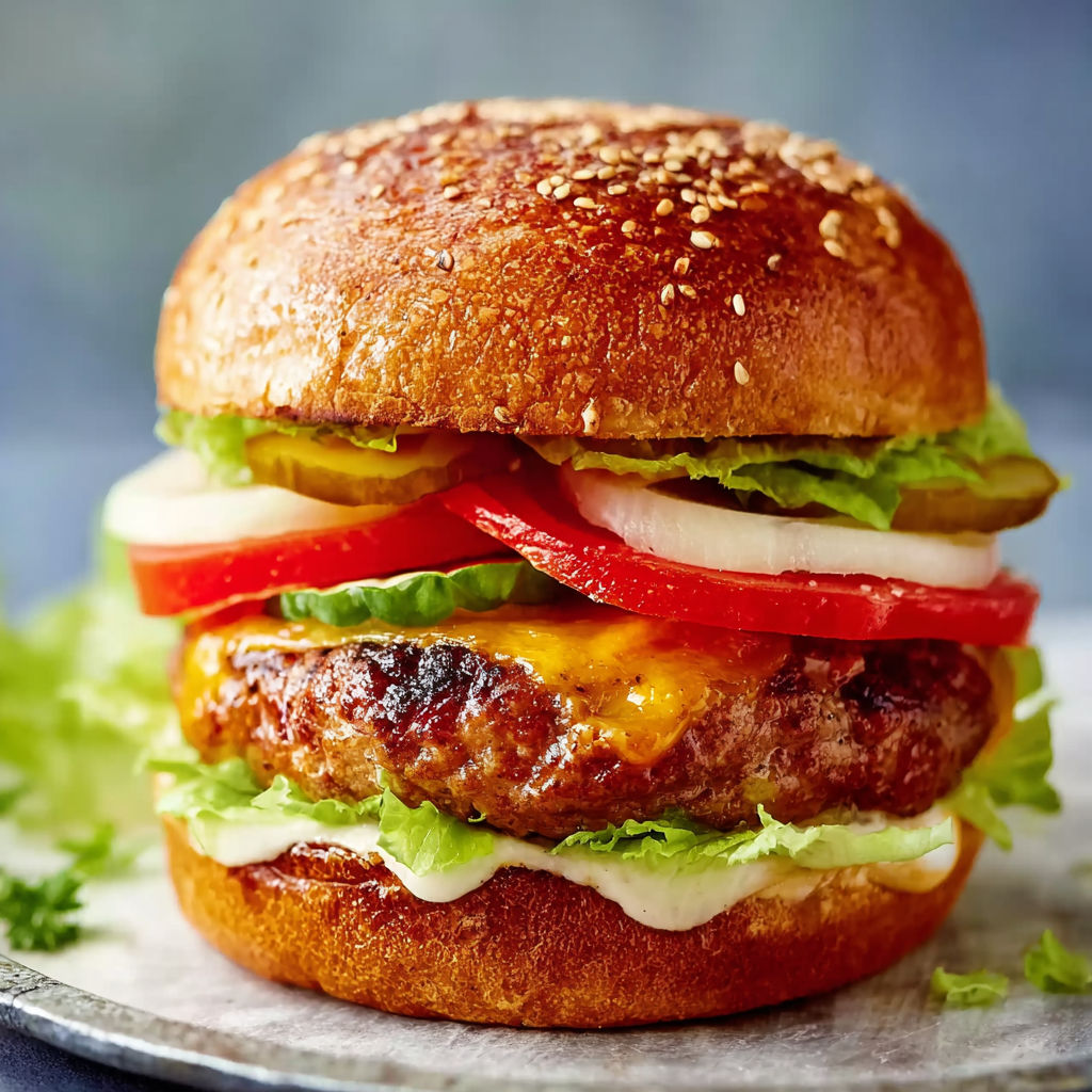 A hamburger with lettuce, tomato, and onion.