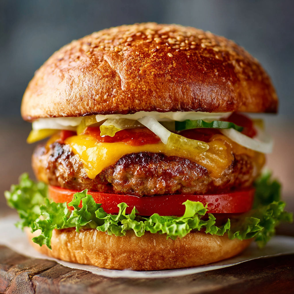 A close up of a hamburger with lettuce, tomato, and pickles.