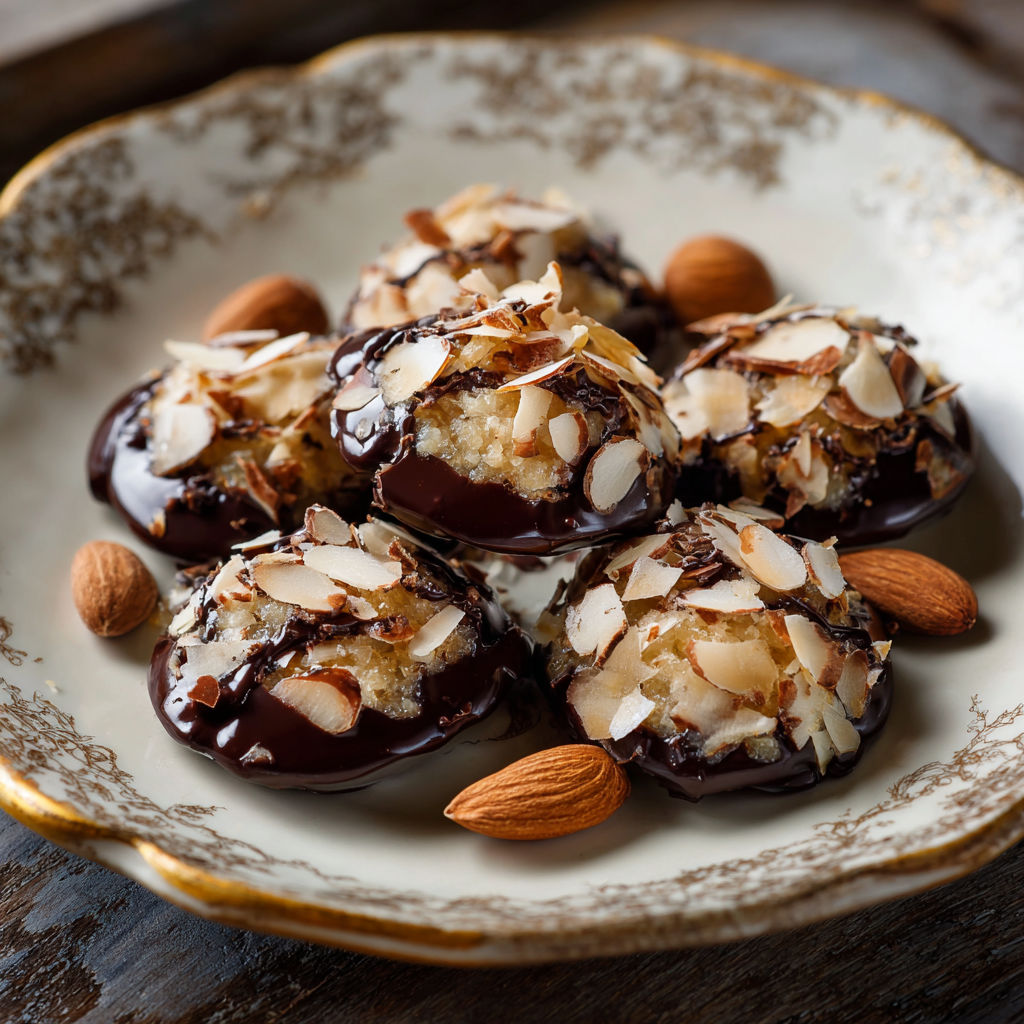 A plate of chocolate covered almonds.
