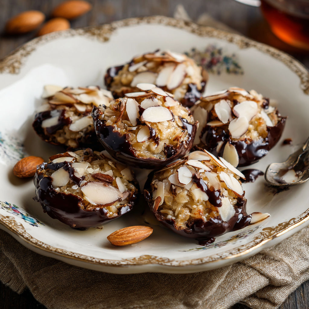 A plate of chocolate covered almonds.