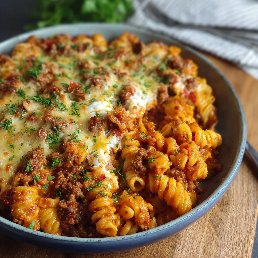 A bowl of pasta with meat on top.