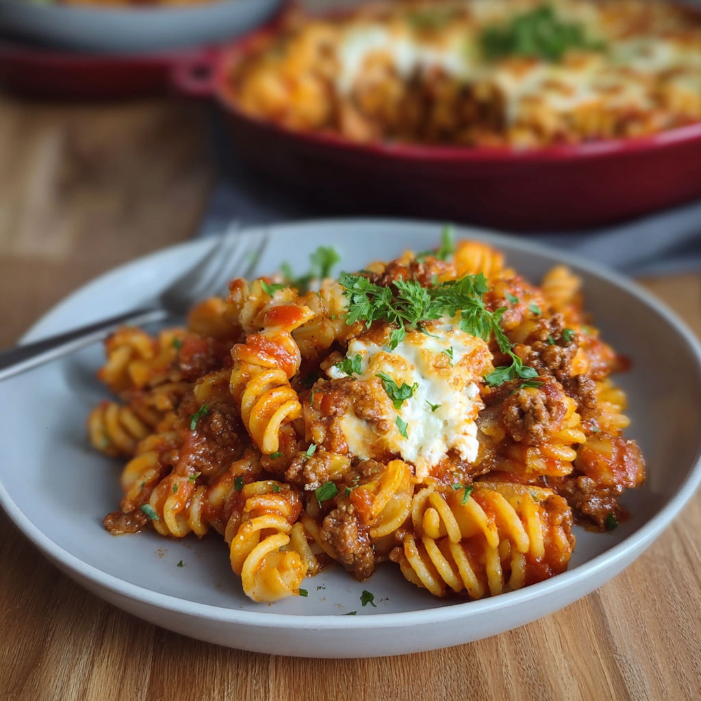 A plate of pasta with meat on top.
