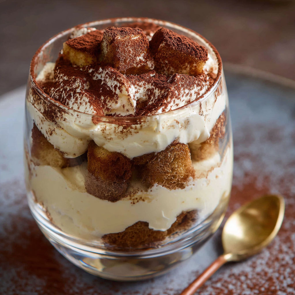 A glass of tiramisu with chocolate sprinkles.