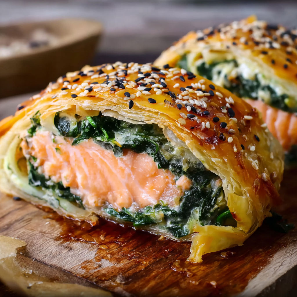 A pastry with fish and greens inside.