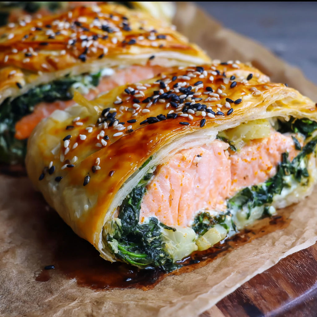 A pastry filled with fish and vegetables.