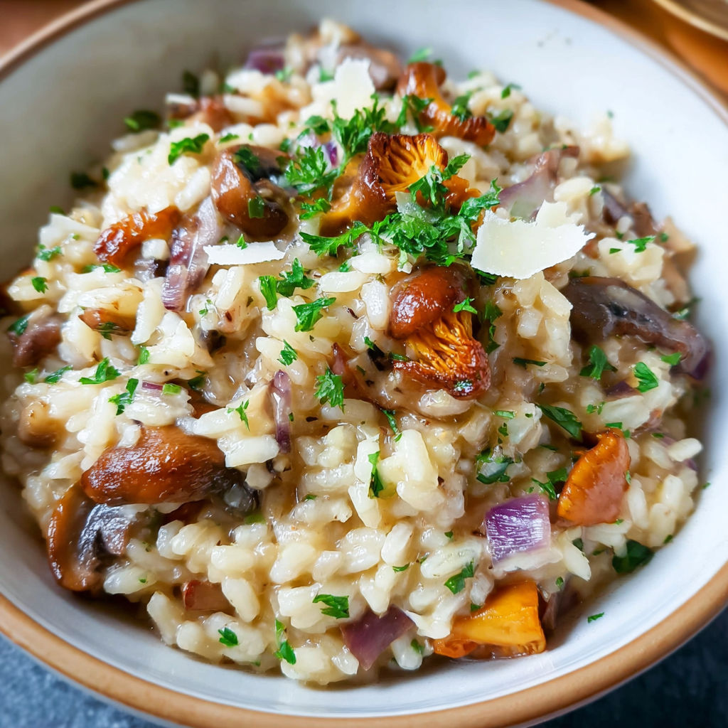 A bowl of rice with mushrooms and herbs.