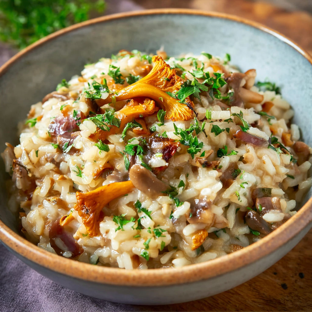 A bowl of rice with mushrooms and herbs.