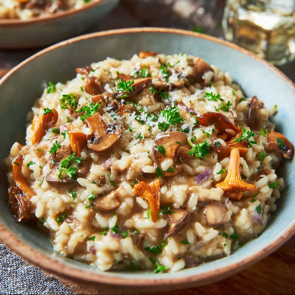 A bowl of rice with mushrooms and herbs.