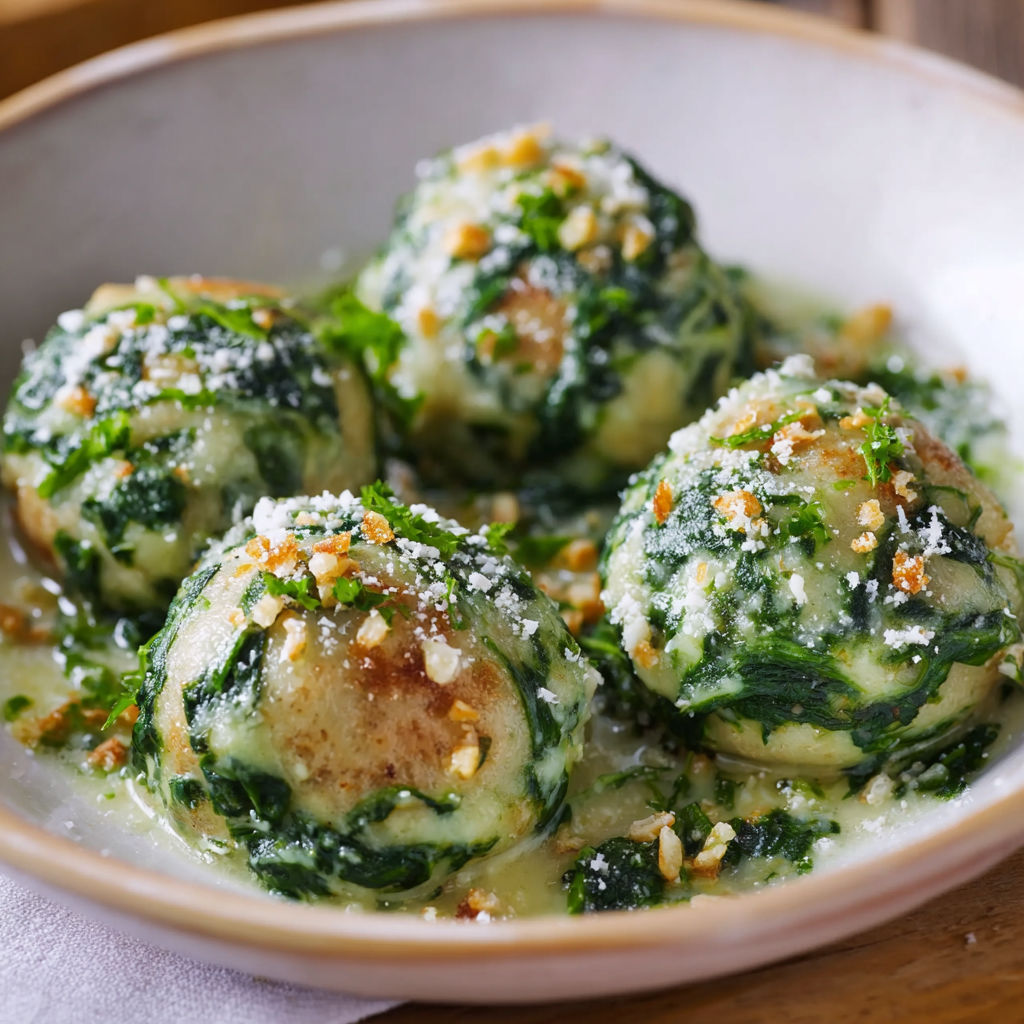A bowl of spinach knödel.