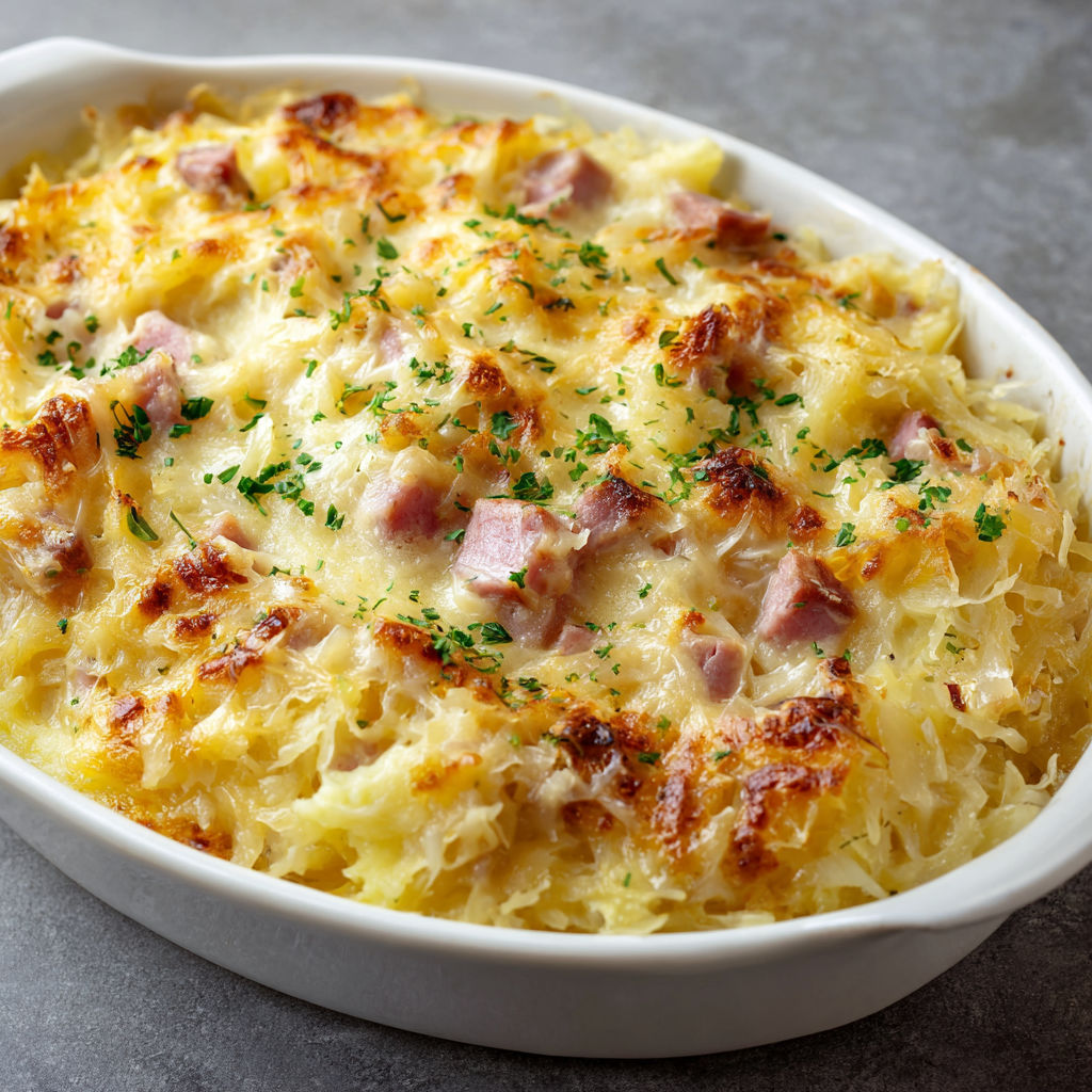 A white bowl filled with a casserole dish.