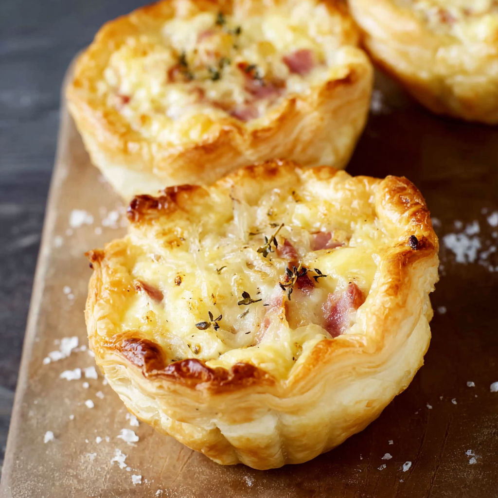 Two small cheese and ham filled pastries on a wooden board.