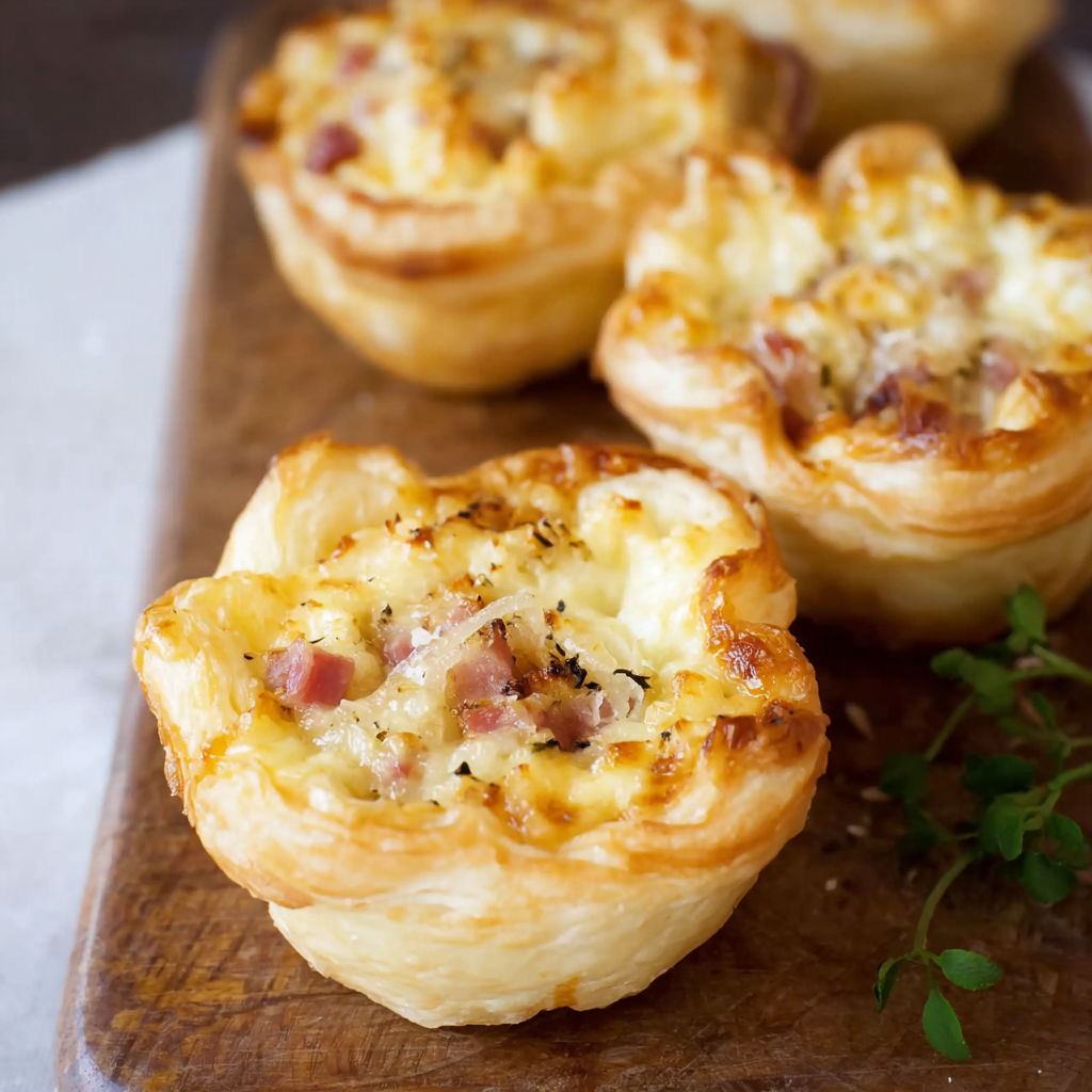 Three small pastry cups filled with cheese and bacon.