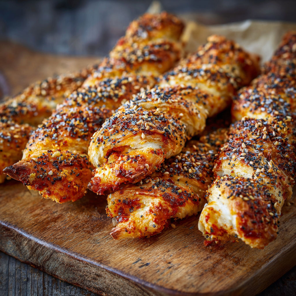 A wooden cutting board with breaded chicken sticks.