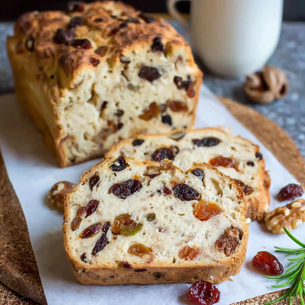 A loaf of bread with raisins on top.