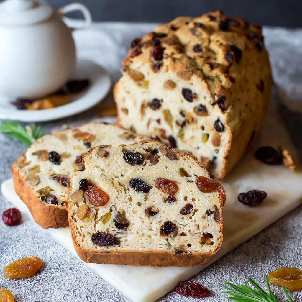 A loaf of bread with raisins and nuts.
